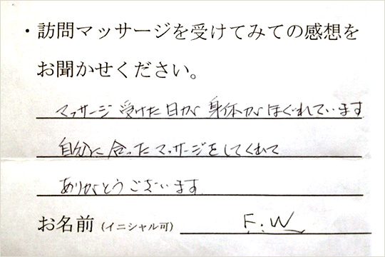 マッサージを受けた日が身体がほぐれています。自分に合ったマッサージをしてくれてありがとうございます。